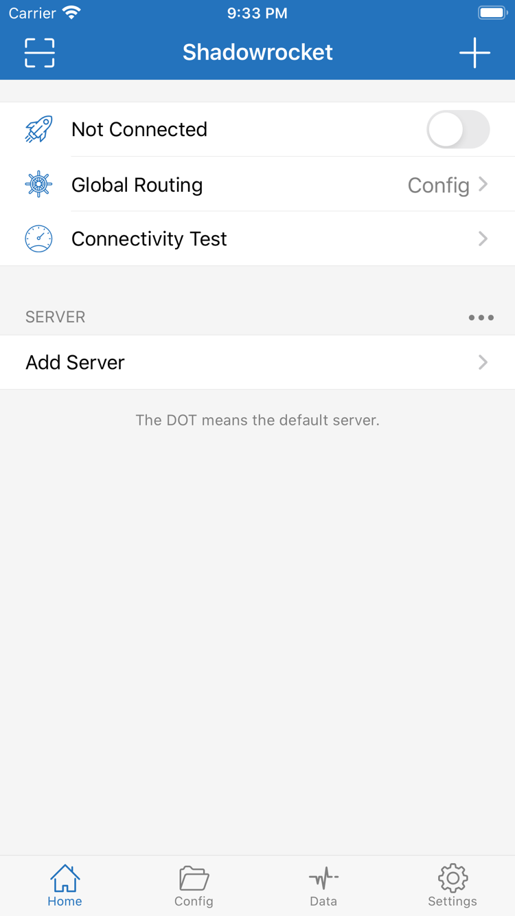 Shadowrocket의 Home 공식 스크린샷. 상단에 Not Connected 스위치가 있고 아래에 Global Routing, Connectivity Test, SERVER 그룹, Add Server가 표시됩니다.