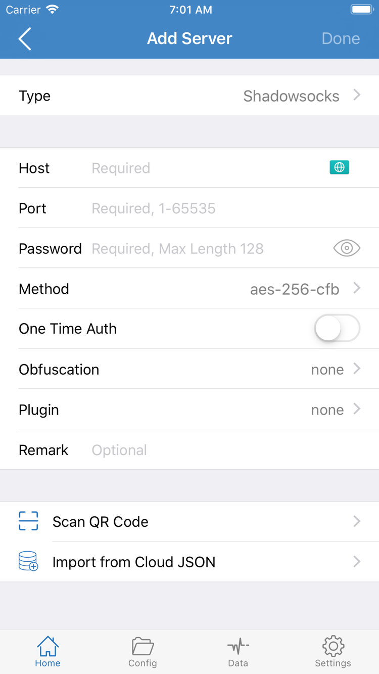 Shadowrocket의 Add Server 공식 스크린샷. Type, Host, Port, Password, Method와 Scan QR Code 및 Import from Cloud JSON 메뉴가 표시됩니다.