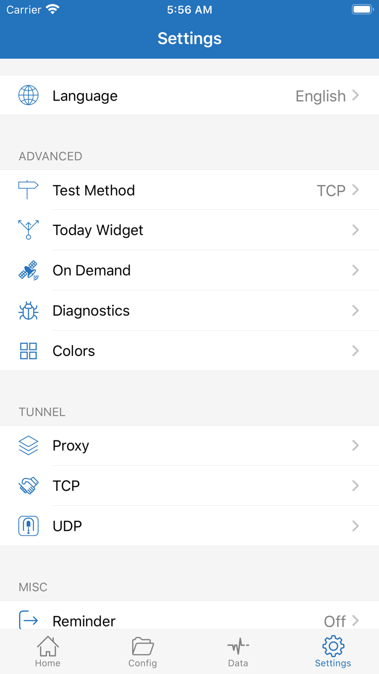 Shadowrocket의 Settings 공식 스크린샷. Language, Test Method, Today Widget, On Demand, Diagnostics, Proxy, TCP, UDP 설정 항목이 표시됩니다.