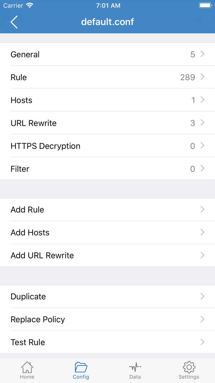 Shadowrocket의 Config 공식 스크린샷. General, Rule, Hosts, URL Rewrite, HTTPS Decryption 구역과 Add Rule이 표시됩니다.